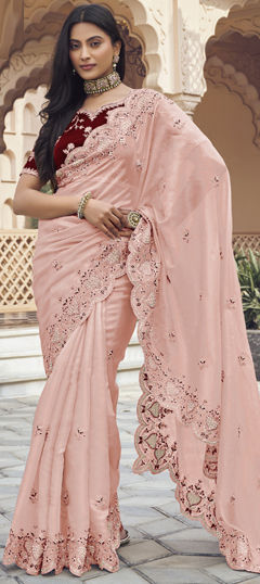 Pink and Majenta color Saree in Silk fabric with Bugle Beads, Embroidered, Thread work