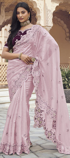 Pink and Majenta color Saree in Silk fabric with Bugle Beads, Embroidered, Thread work