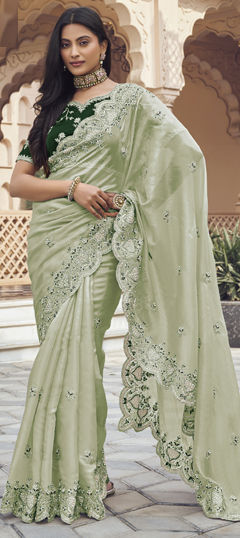 Green color Saree in Silk fabric with Bugle Beads, Embroidered, Thread work