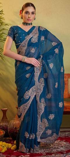 Blue color Saree in Chiffon fabric with Embroidered, Thread, Zari work