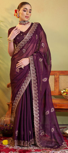 Purple and Violet color Saree in Chiffon fabric with Embroidered, Sequence, Thread work