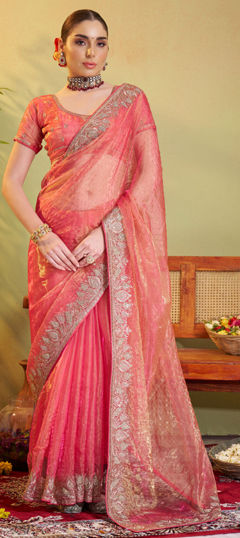 Pink and Majenta color Saree in Organza Silk fabric with Embroidered, Stone, Thread, Zircon work