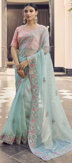 Blue color Saree in Organza Silk fabric with Embroidered, Sequence, Thread work