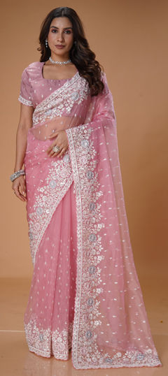 Pink and Majenta color Saree in Organza Silk fabric with Bugle Beads, Embroidered, Sequence, Thread work