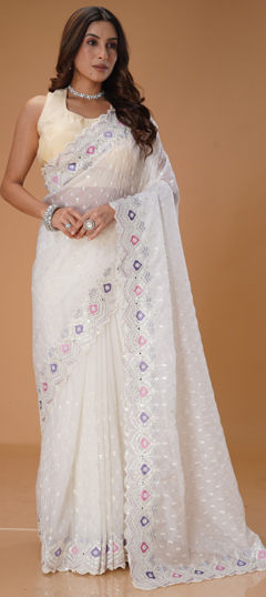 White and Off White color Saree in Organza Silk fabric with Bugle Beads, Embroidered, Sequence, Thread work