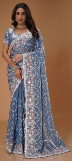 Black and Grey color Saree in Organza Silk fabric with Bugle Beads, Embroidered, Sequence, Thread work