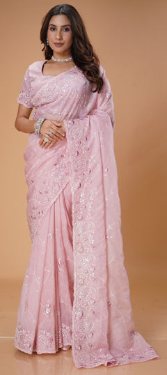 Pink and Majenta color Saree in Organza Silk fabric with Bugle Beads, Embroidered, Sequence, Thread work