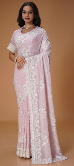 Pink and Majenta color Saree in Georgette fabric with Bugle Beads, Embroidered, Sequence, Thread work