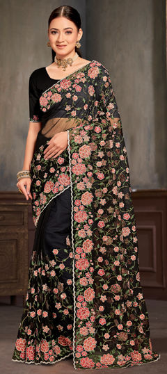 Black and Grey color Saree in Net fabric with Embroidered, Resham, Stone, Zari work