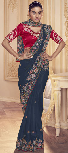 Blue color Saree in Satin Silk fabric with Embroidered, Sequence, Thread, Zircon work