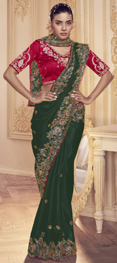 Green color Saree in Satin Silk fabric with Embroidered, Sequence, Thread, Zircon work