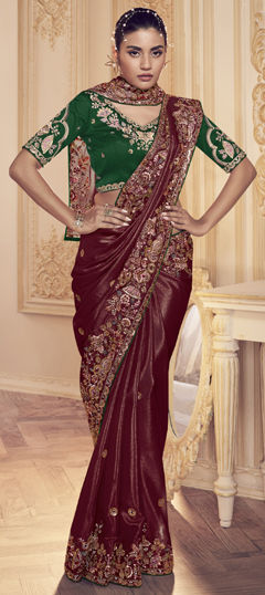 Red and Maroon color Saree in Satin Silk fabric with Embroidered, Sequence, Thread, Zircon work