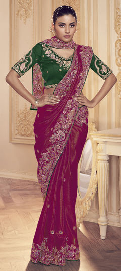 Pink and Majenta color Saree in Satin Silk fabric with Embroidered, Sequence, Thread, Zircon work