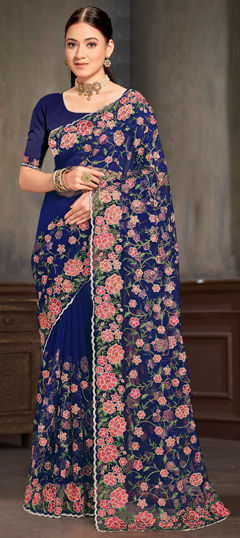 Blue color Saree in Net fabric with Embroidered, Resham, Stone, Zari work