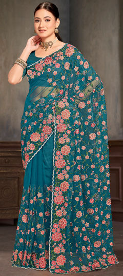 Blue color Saree in Net fabric with Embroidered, Resham, Stone, Zari work