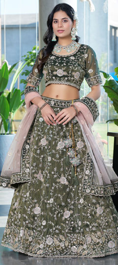 Green color Lehenga in Silk fabric with Embroidered, Sequence, Thread work