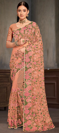 Pink and Majenta color Saree in Net fabric with Embroidered, Resham, Stone, Zari work