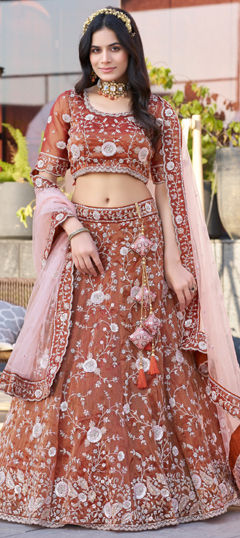 Beige and Brown color Lehenga in Silk fabric with Embroidered, Sequence, Thread work