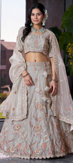 Black and Grey color Lehenga in Silk fabric with Embroidered, Sequence, Thread work
