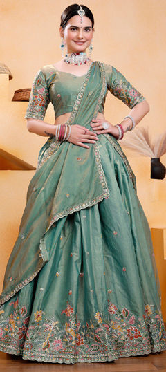 Green color Lehenga in Silk fabric with Embroidered, Sequence, Thread work