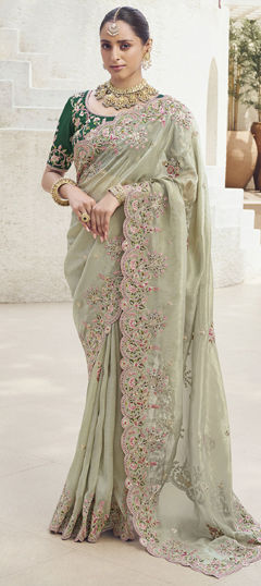 Green color Saree in Organza Silk fabric with Embroidered, Sequence, Stone, Thread work