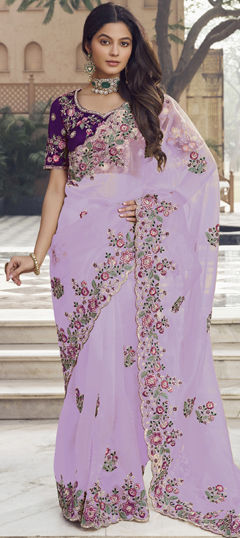 Purple and Violet color Saree in Organza Silk fabric with Embroidered, Resham, Sequence, Thread work