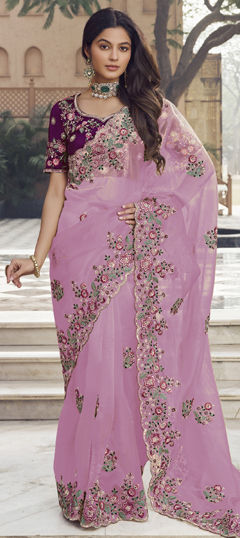 Pink and Majenta color Saree in Organza Silk fabric with Embroidered, Resham, Sequence, Thread work