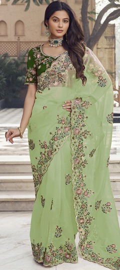 Green color Saree in Organza Silk fabric with Embroidered, Resham, Sequence, Thread work