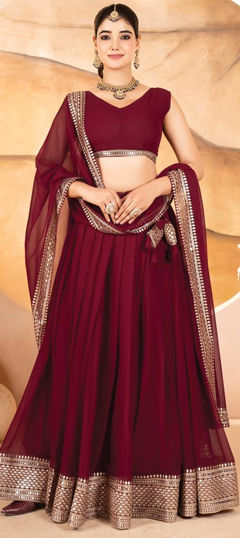 Red and Maroon color Lehenga in Faux Georgette fabric with Embroidered, Sequence, Thread, Zari work