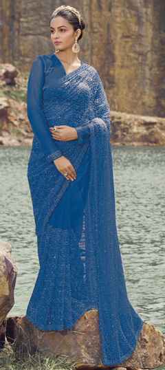 Blue color Saree in Net fabric with Bugle Beads, Cut Dana, Sequence work