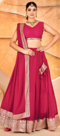 Pink and Majenta color Lehenga in Faux Georgette fabric with Embroidered, Sequence, Thread, Zari work