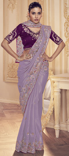 Purple and Violet color Saree in Georgette fabric with Sequence, Thread, Zircon work