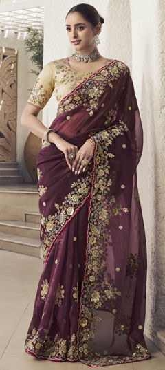 Purple and Violet color Saree in Georgette fabric with Sequence, Stone, Thread work