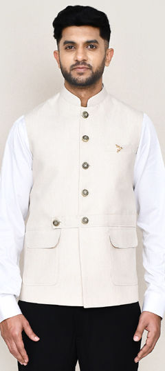 White and Off White color Nehru Jacket in Satin Silk fabric with Printed work
