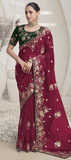 Pink and Majenta color Saree in Georgette fabric with Sequence, Stone, Thread work