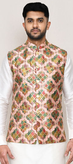 Multicolor color Nehru Jacket in Art Silk fabric with Printed work