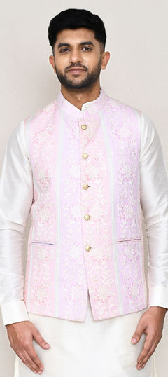 Pink and Majenta color Nehru Jacket in Jacquard fabric with Weaving work