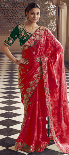 Pink and Majenta color Saree in Georgette fabric with Embroidered, Sequence, Thread work