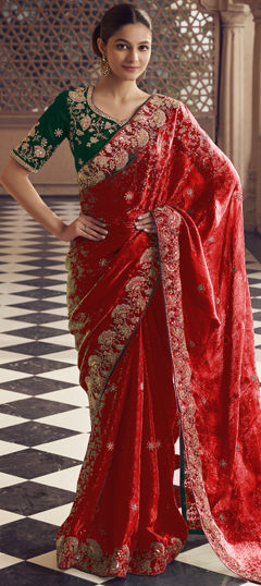 Red and Maroon color Saree in Georgette fabric with Embroidered, Sequence, Thread work