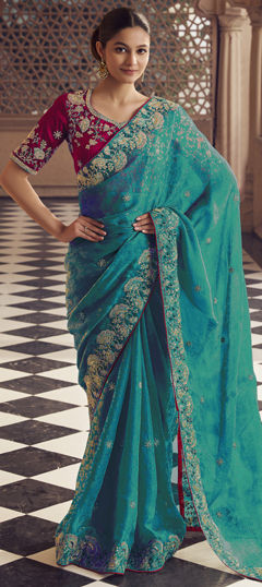 Blue color Saree in Georgette fabric with Embroidered, Sequence, Thread work