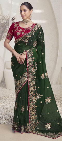 Green color Saree in Georgette fabric with Sequence, Stone, Thread work