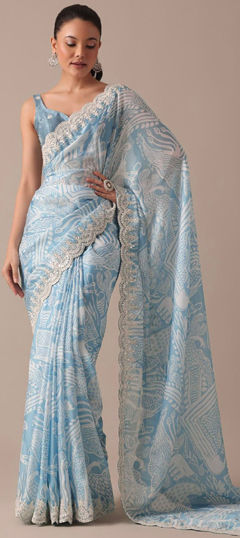 Blue color Saree in Georgette fabric with Digital Print, Embroidered, Sequence work