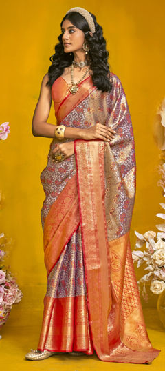 Orange color Saree in Handloom fabric with Weaving work