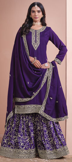 Purple and Violet color Salwar Kameez in Art Silk fabric with Embroidered, Sequence, Thread, Zari work