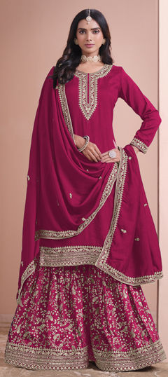 Red and Maroon color Salwar Kameez in Art Silk fabric with Embroidered, Sequence, Thread, Zari work