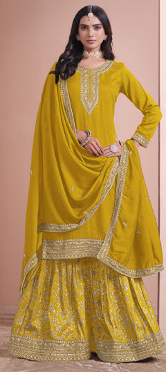 Yellow color Salwar Kameez in Art Silk fabric with Embroidered, Sequence, Thread, Zari work