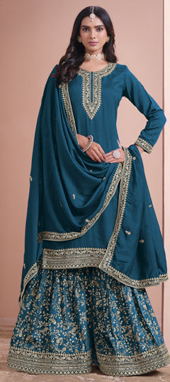 Blue color Salwar Kameez in Art Silk fabric with Embroidered, Sequence, Thread, Zari work