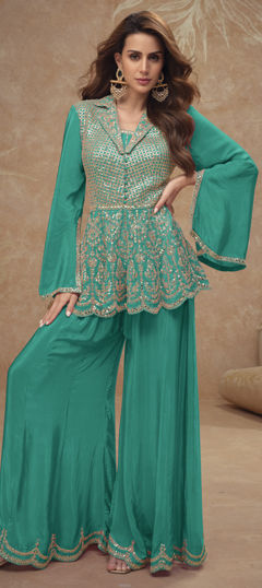 Blue color Salwar Kameez in Silk fabric with Mirror, Thread, Zari work