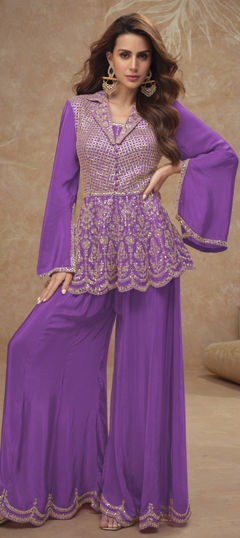 Purple and Violet color Salwar Kameez in Silk fabric with Mirror, Thread, Zari work