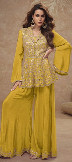Yellow color Salwar Kameez in Silk fabric with Mirror, Thread, Zari work